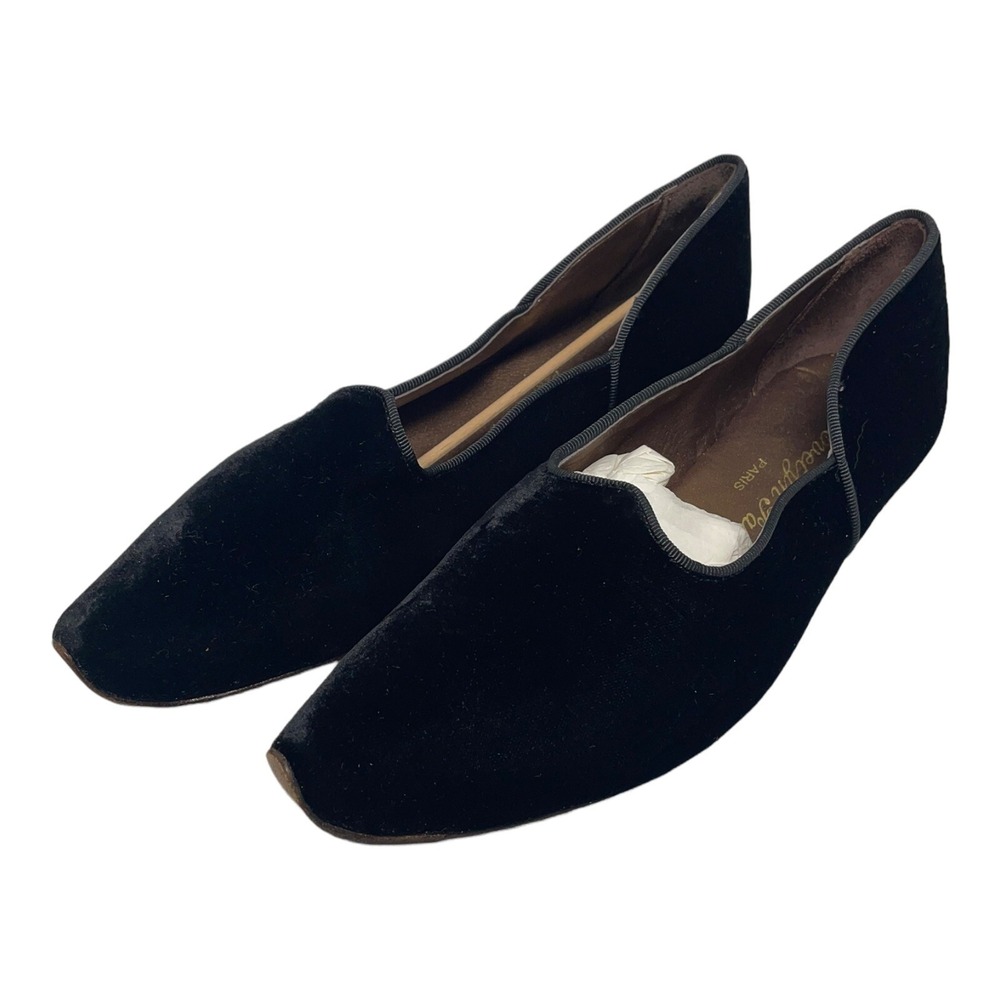 NEW EVELYN PAUL PARIS HAND MADE BLACK Velvet Flat‎ Slip On Shoes Size 7 LEATHER